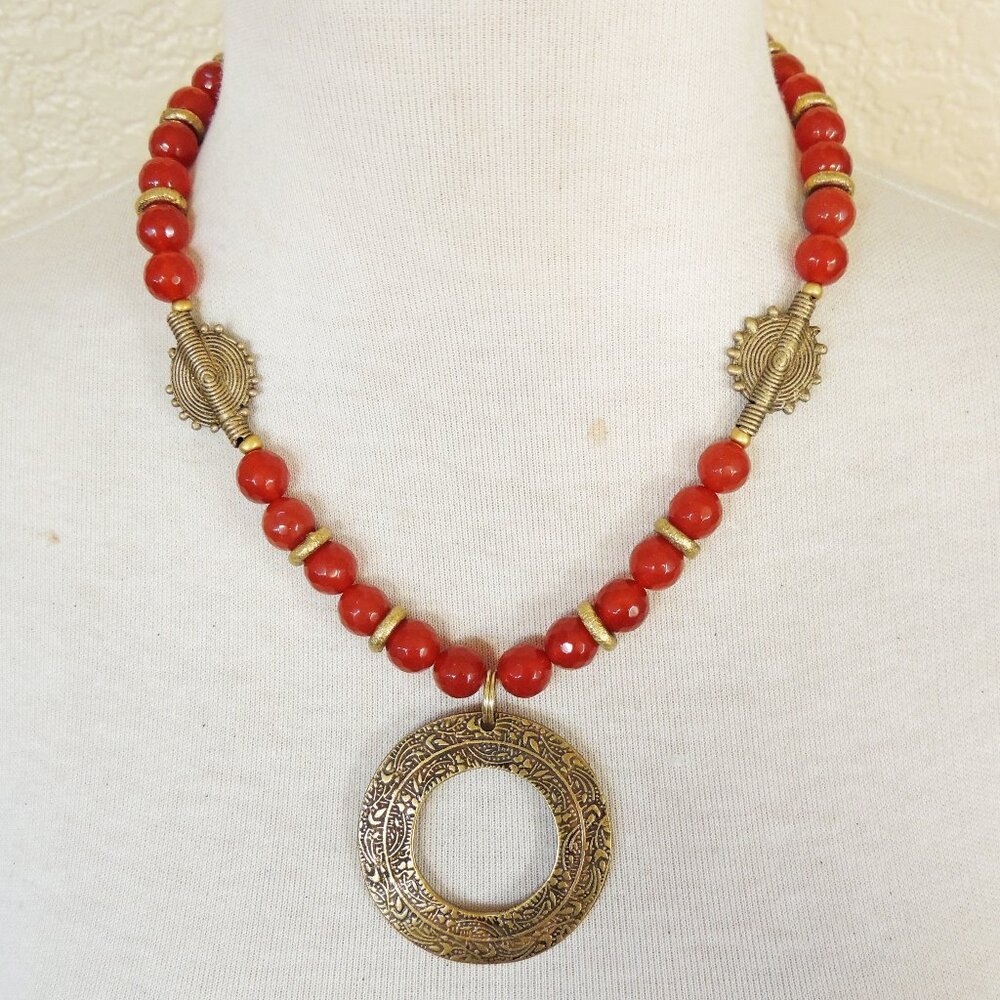 Boho Southwestern Burnt Orange & Gold Carnelian Statement Pendant Necklace